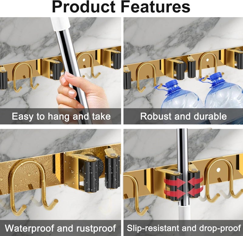 GUUKAR Mop Broom Holder Wall Mount, 2 Packs Gold Stainless Steel Tool Storage Organizer for Kitchen Garden Garage Laundry Room Bathroom and RV with 4 Slots 6 Hooks - Image 4